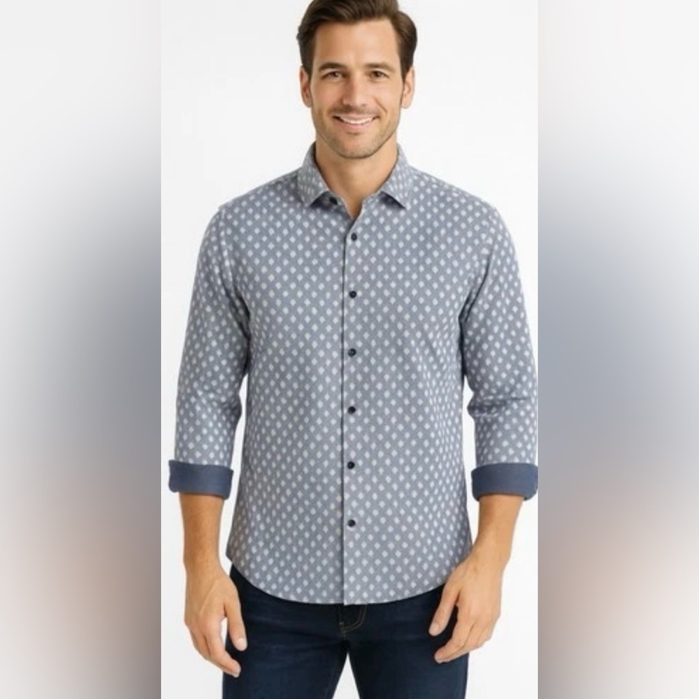 Visconti‎ Black Diamond-Print Flip-Cuff Blue Shirt Smart Casual Cabincore 3XLB
